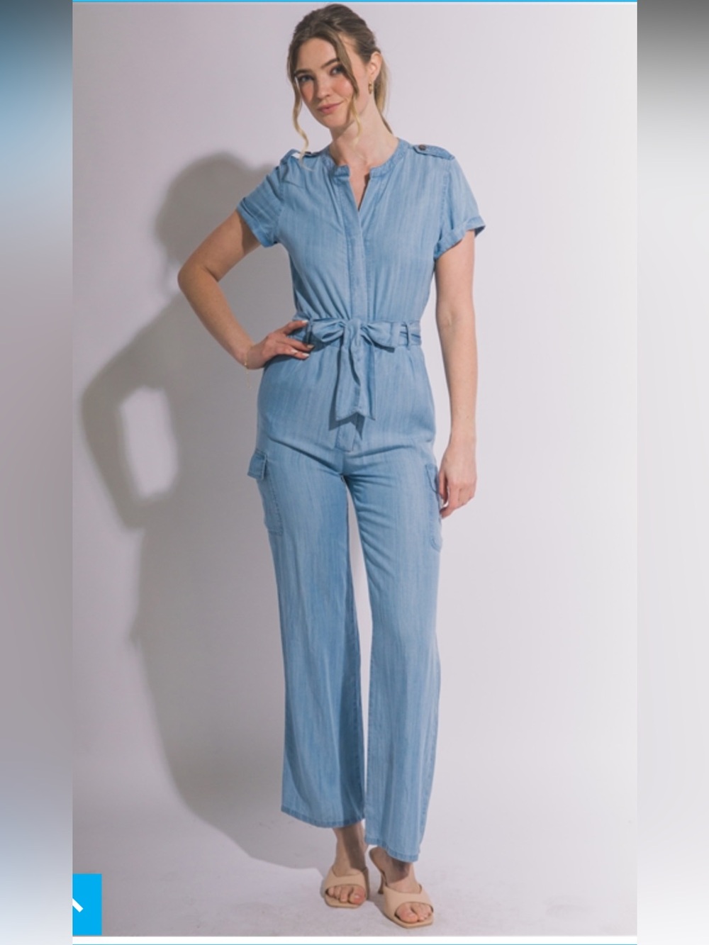 NWT Love Tree denim light-wash short sleeve utility jumpsuit.